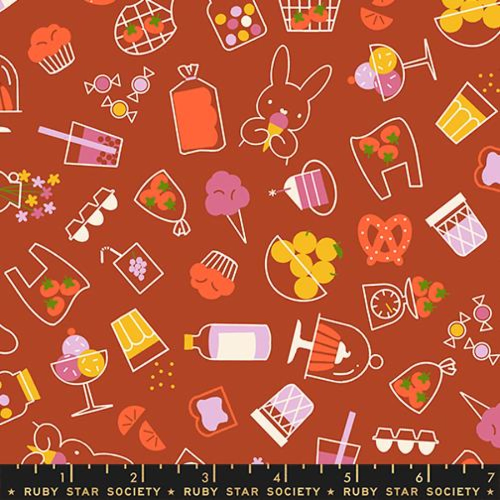 Patterned fabric with food and drink icons on a brown background, featuring Ruby Star Society label.