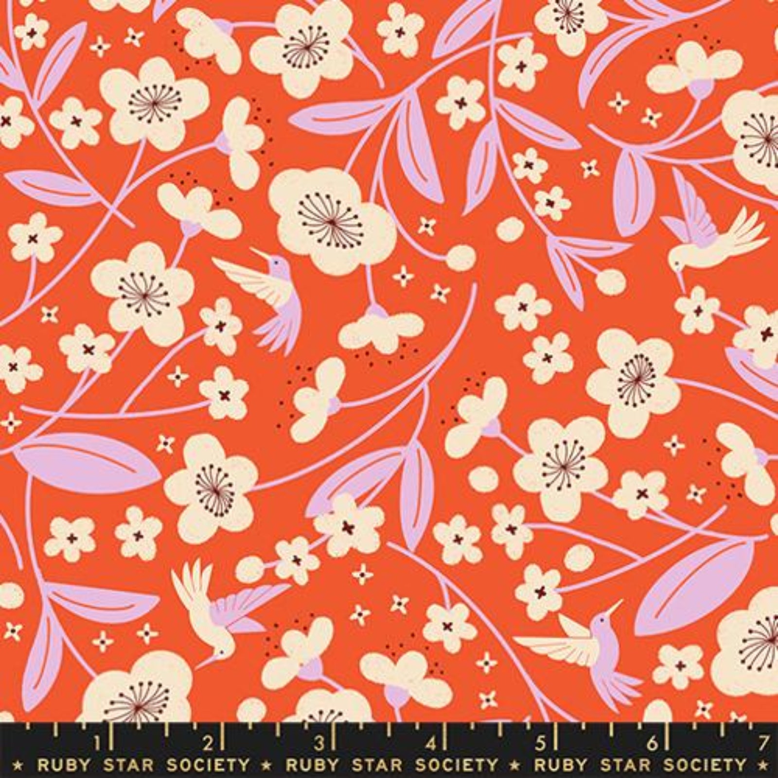 Floral and bird pattern on a red background with Ruby Star Society label.