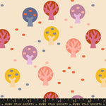 Pattern of colorful trees on a beige background with a ruler at the bottom.