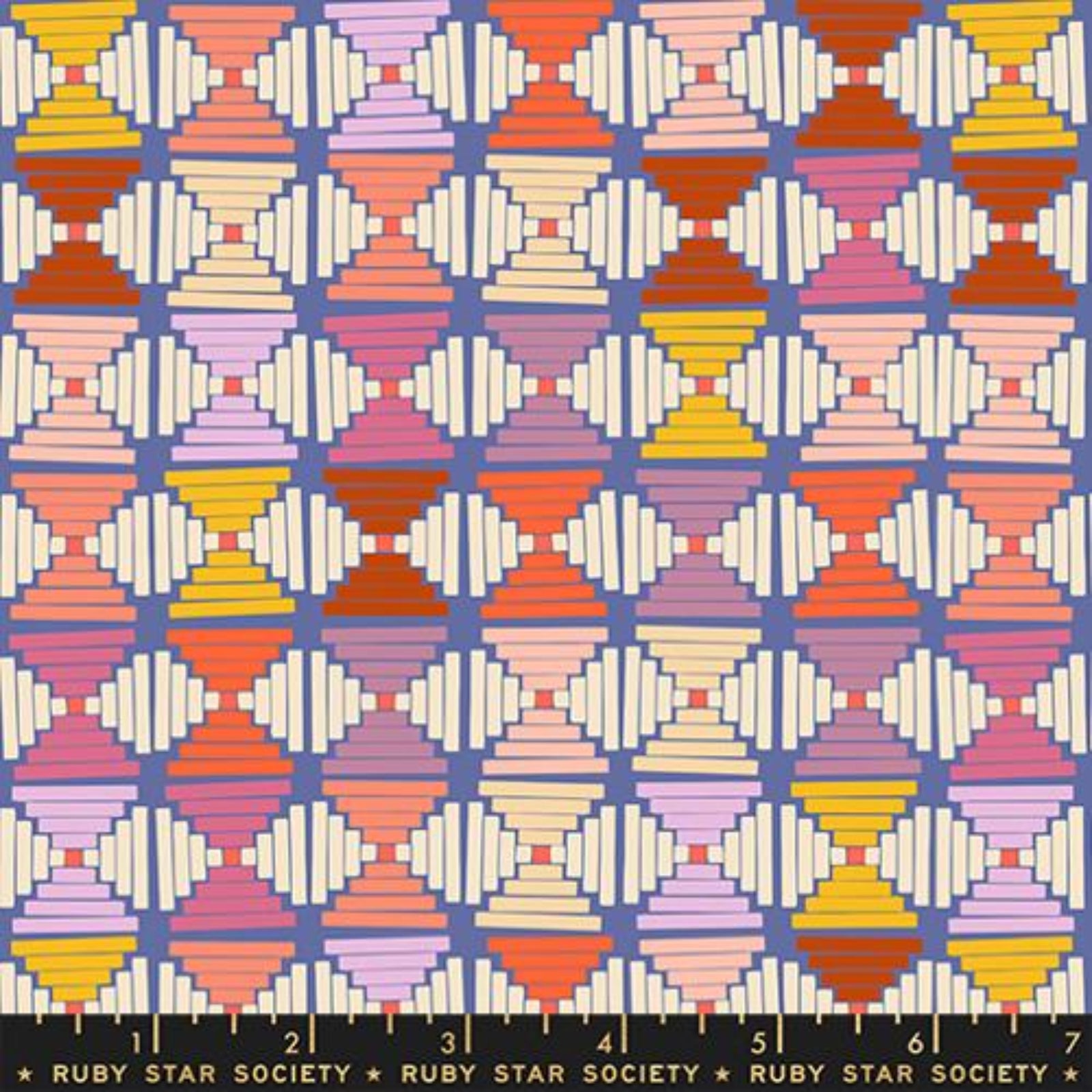 Patterned fabric with geometric design in multicolors on a purple background, featuring Ruby Star Society label.