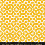 Yellow geometric pattern fabric swatch on a white background