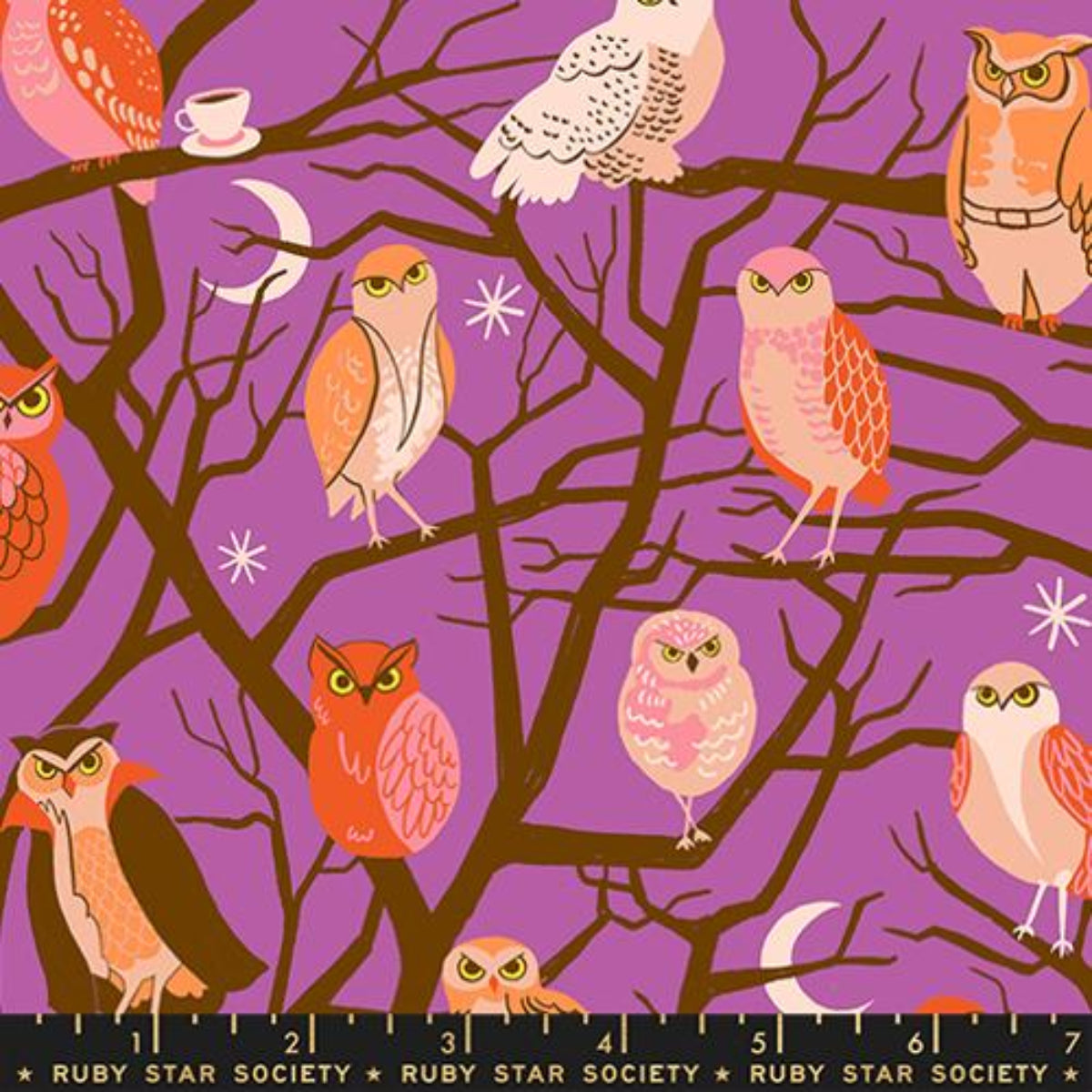 Pattern of colorful owls on a purple background with a ruler at the bottom.