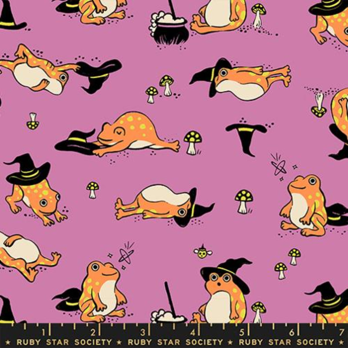 Pattern of cartoon frogs in witch costumes on a purple background with 'Ruby Star Society' branding.