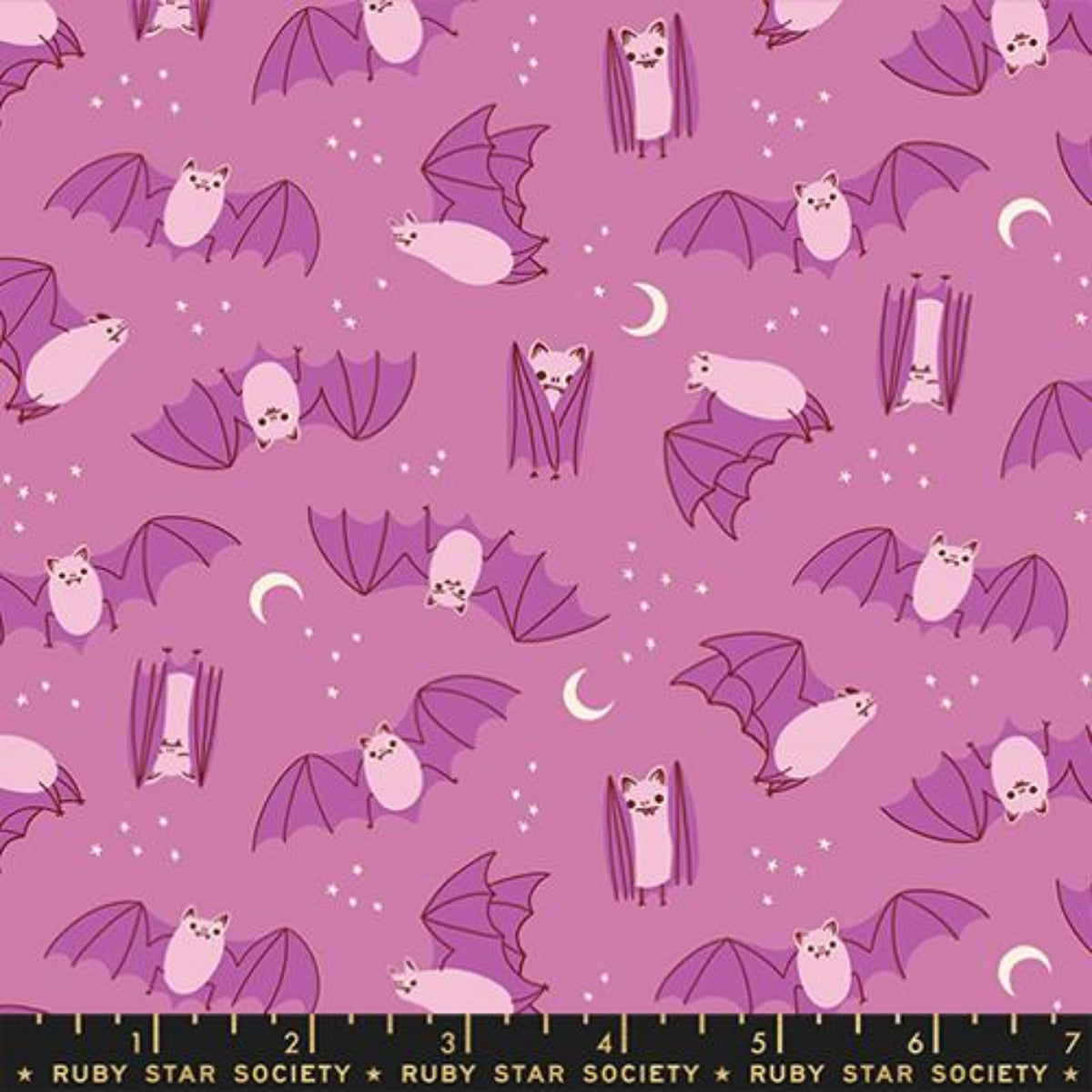 Pattern of cartoon bats on a pink background with a Ruby Star Society label.