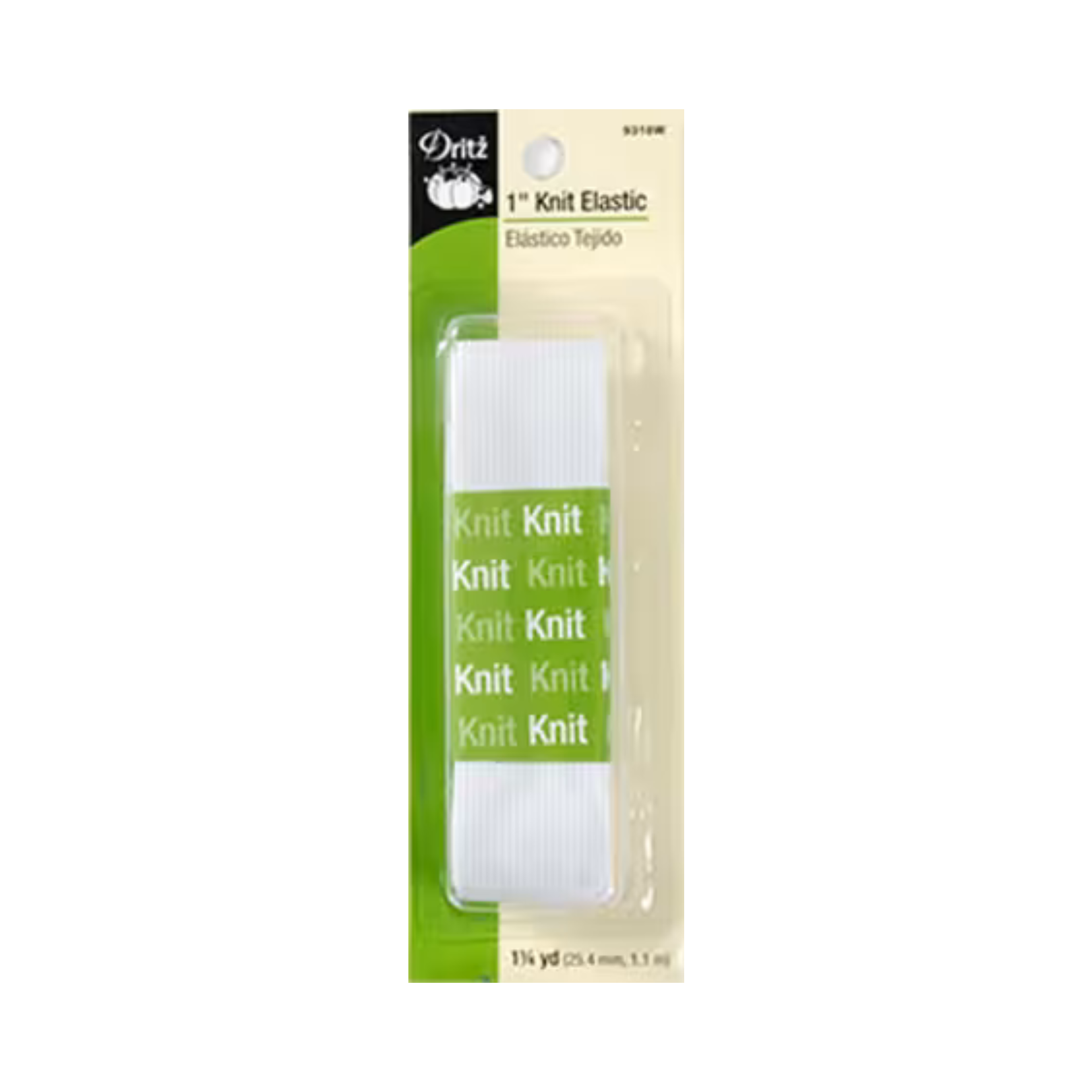 A package of Dritz 1" Knit Elastic in white, shown in its original retail blister card packaging with green and beige panels.