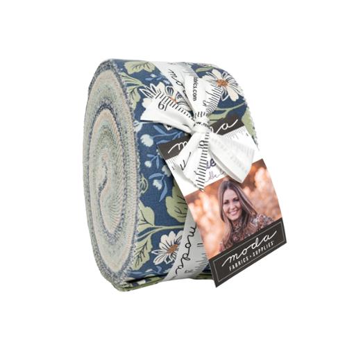 Fabric roll with floral pattern and Moda label on a white background