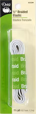 Dritz 1/2 yd white braided elastic in its original green and white cardboard packaging.