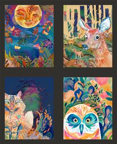 Four colorful illustrations of animals in a forest setting.