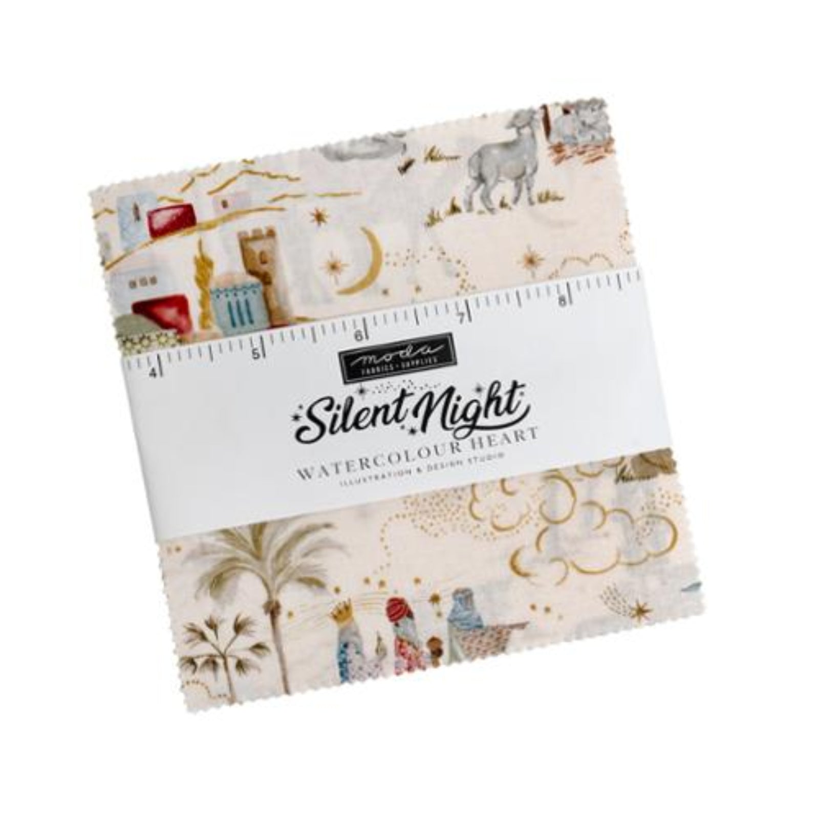 Pack of fabric with 'Silent Night' design and ruler for scale on a white background