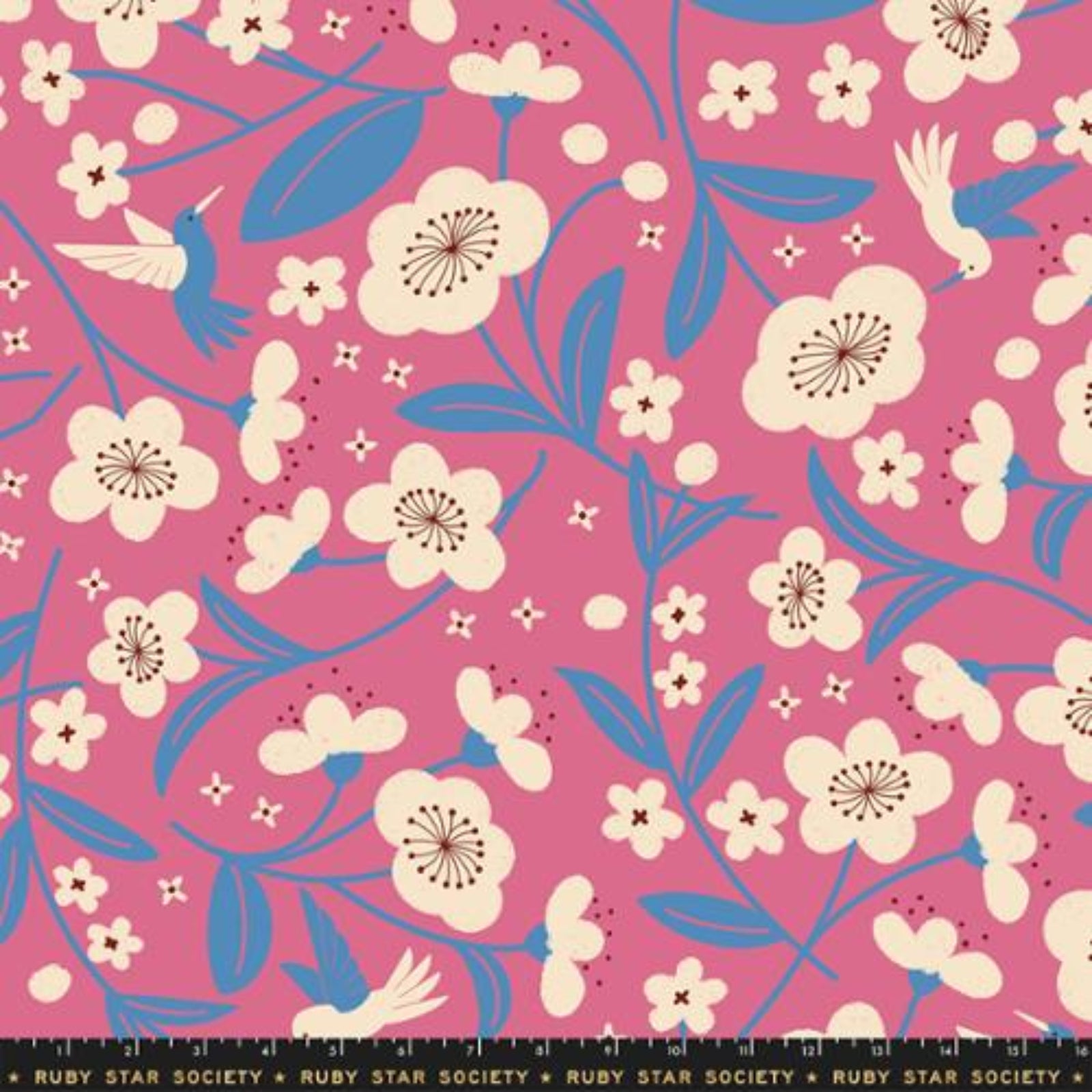 Floral and hummingbird pattern on pink fabric by Ruby Star Society