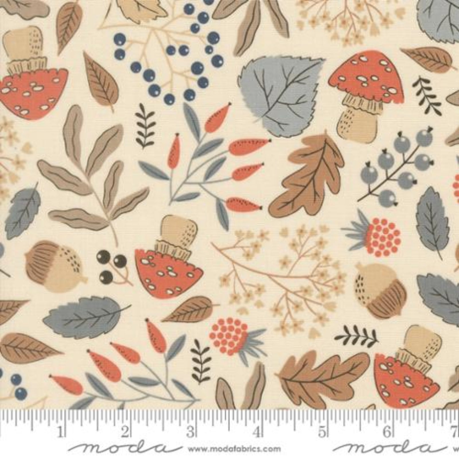 Fabric pattern with mushrooms, leaves, and berries on a beige background, featuring Moda label.