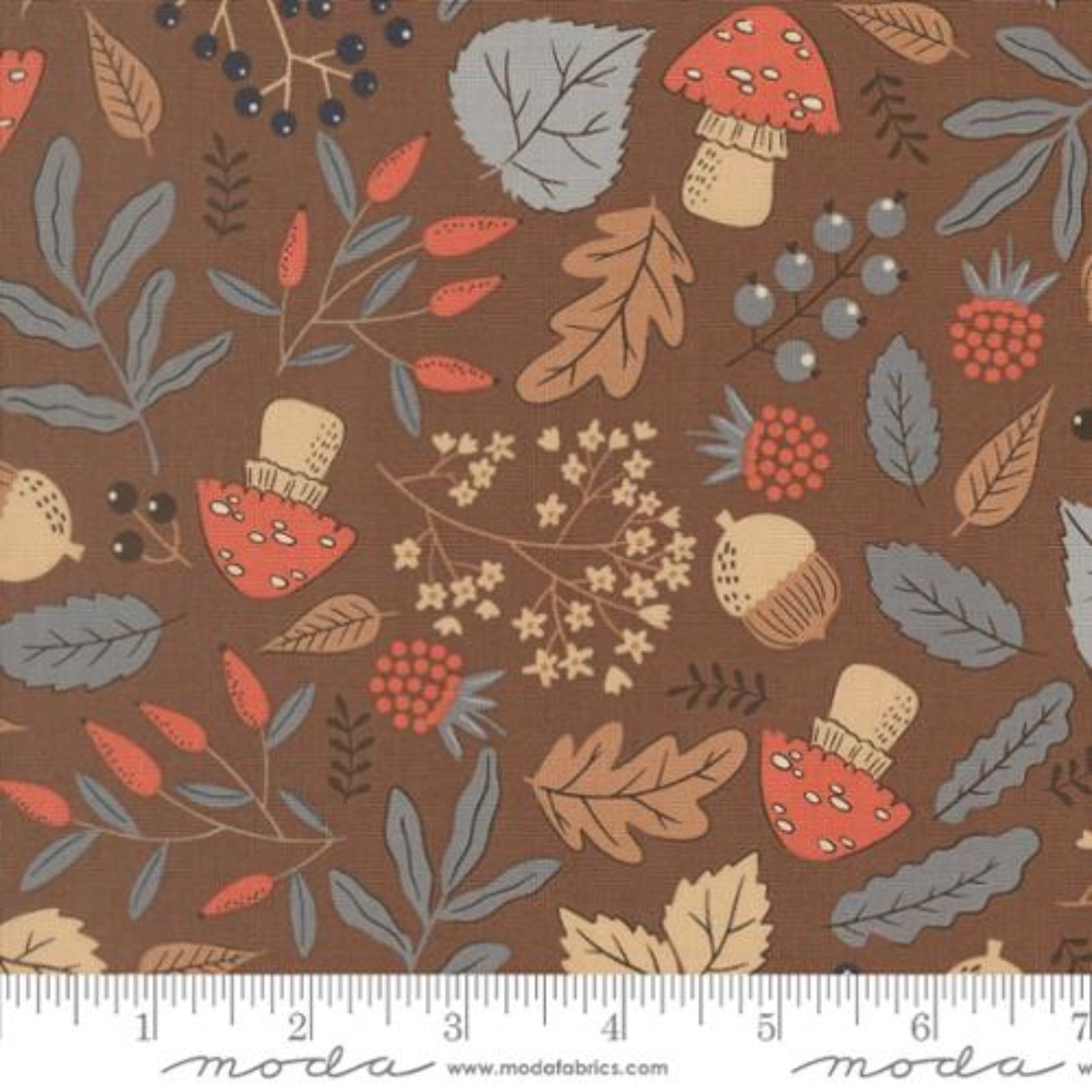 A repeating autumn-themed pattern on a brown background featuring red-capped mushrooms, orange and beige leaves, blue-gray berries, and small floral clusters, with a white measurement ruler along the bottom edge.