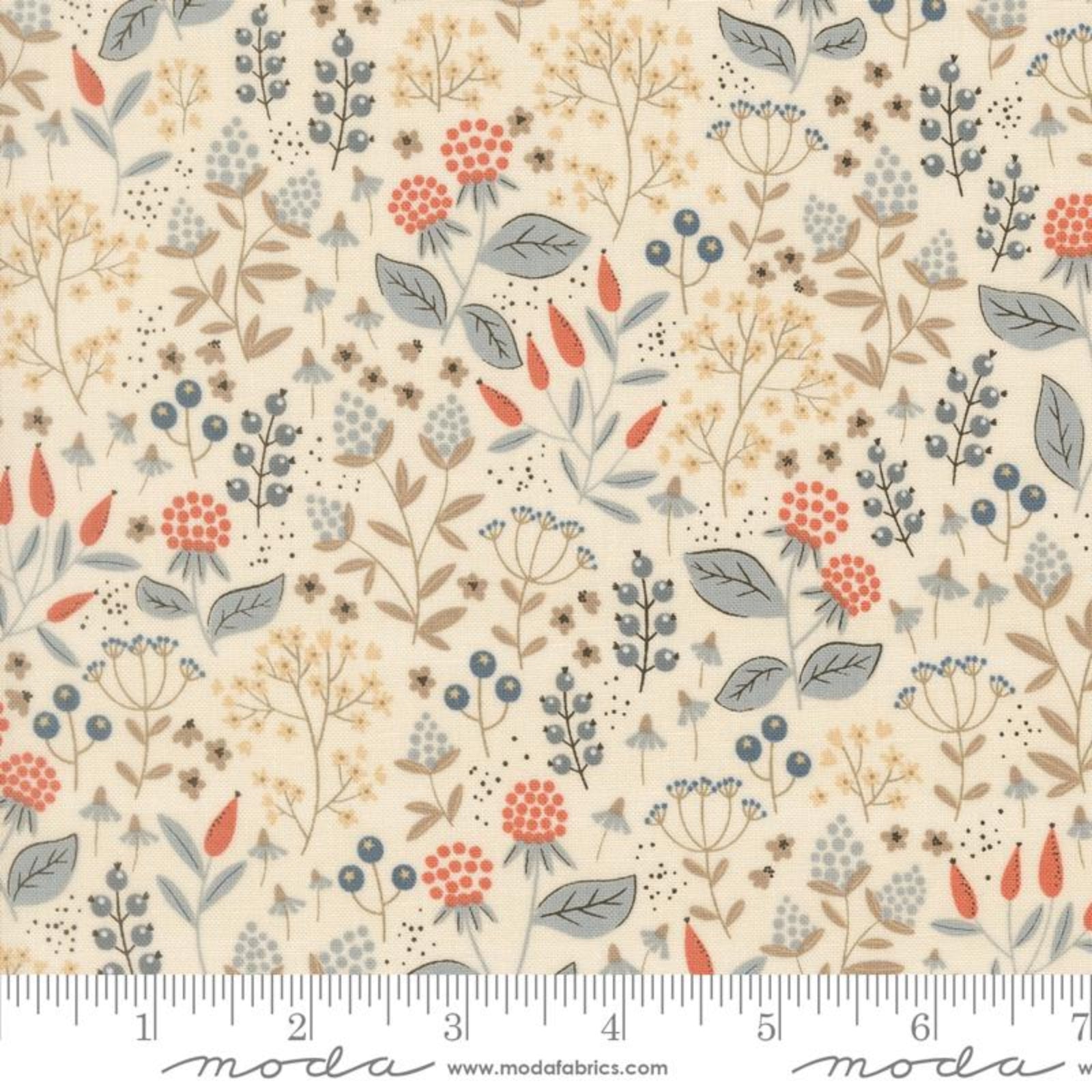 Floral fabric pattern with a ruler at the bottom for scale, featuring Moda Fabrics branding.