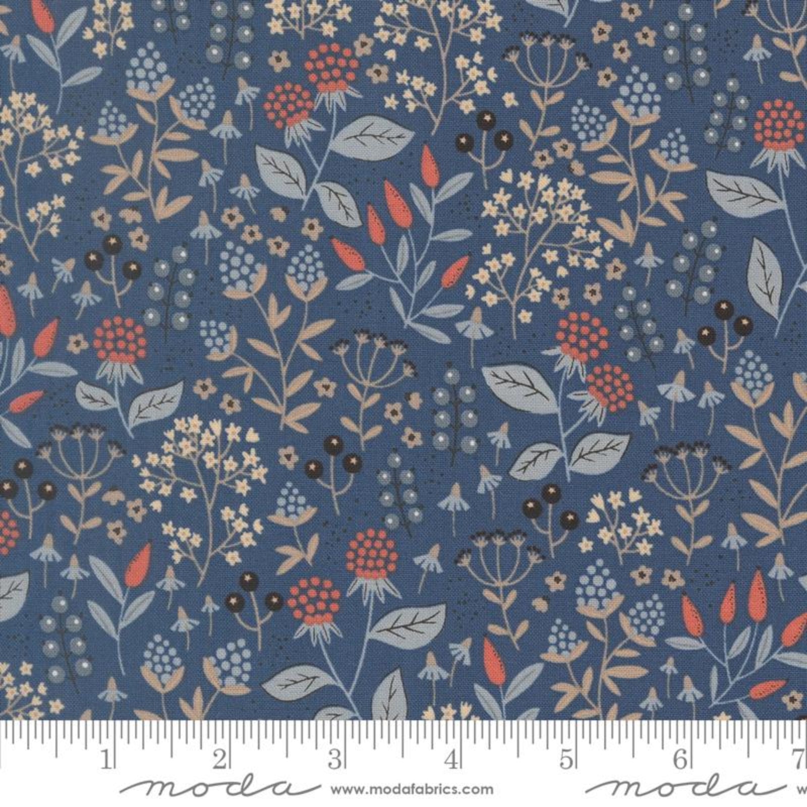 Floral pattern fabric swatch with a ruler at the bottom, featuring Moda Fabrics branding.
