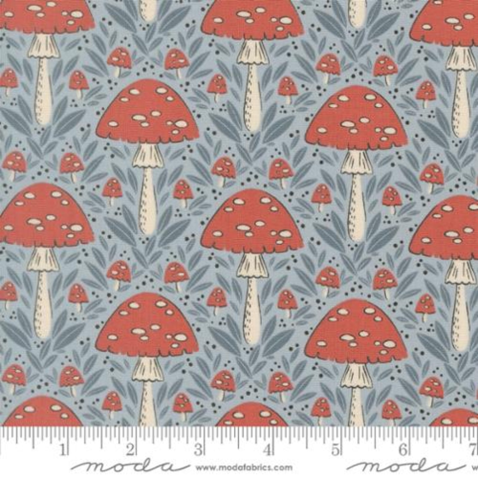Pattern of red mushrooms with white spots on a blue background, featuring Moda label.
