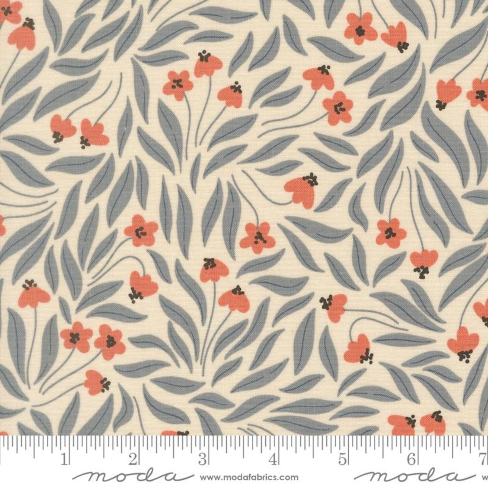 Floral fabric pattern with red flowers and green leaves on a beige background, featuring Moda label.