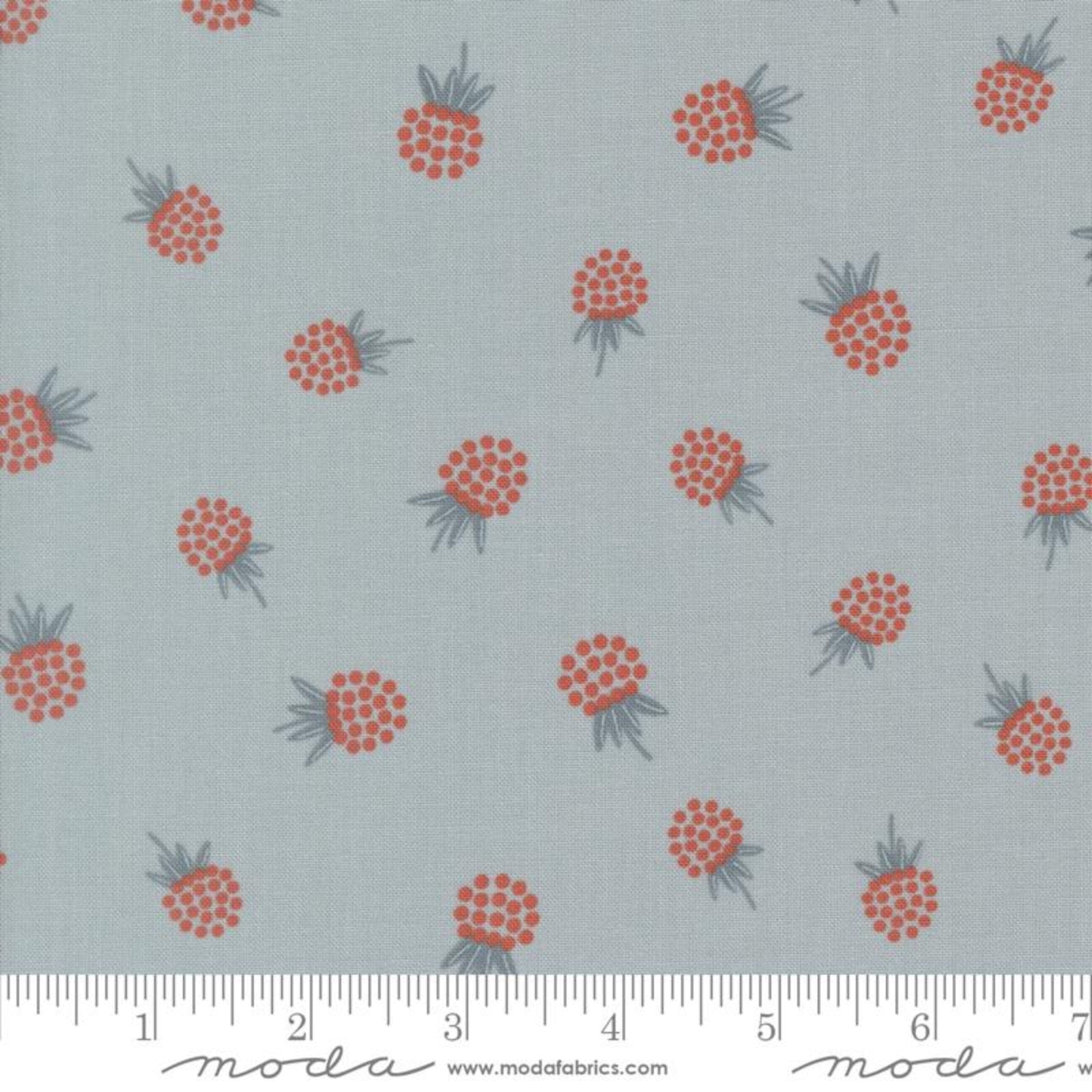 Light blue-gray fabric with a repeating pattern of small red-orange berries with gray-green tops, shown with a ruler along the bottom edge and Modafabrics branding.