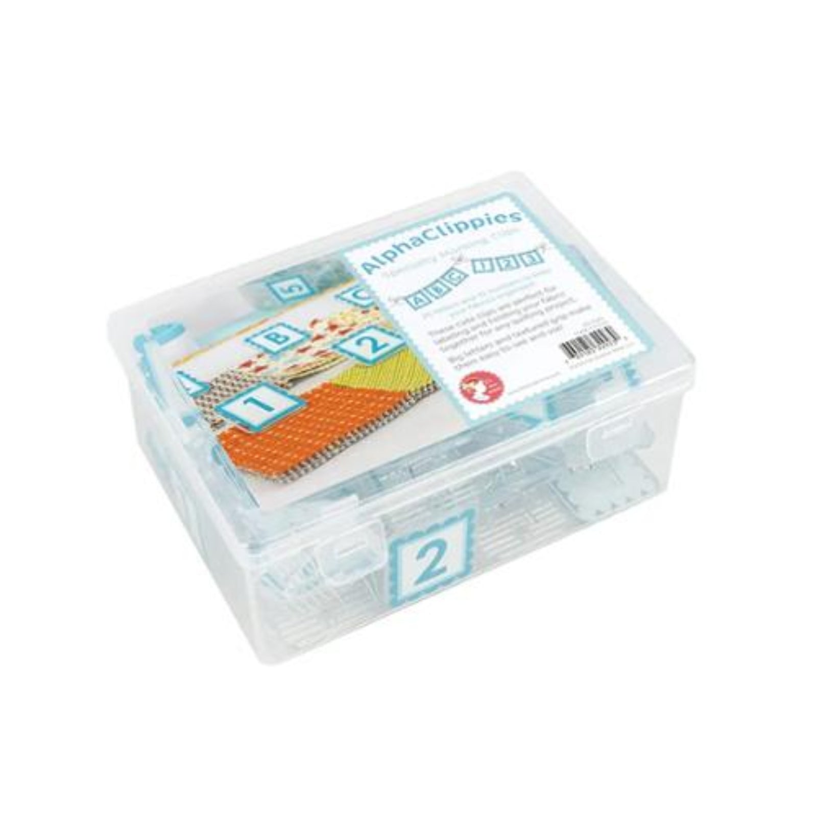 Clear plastic box containing alphabet cards with a white background