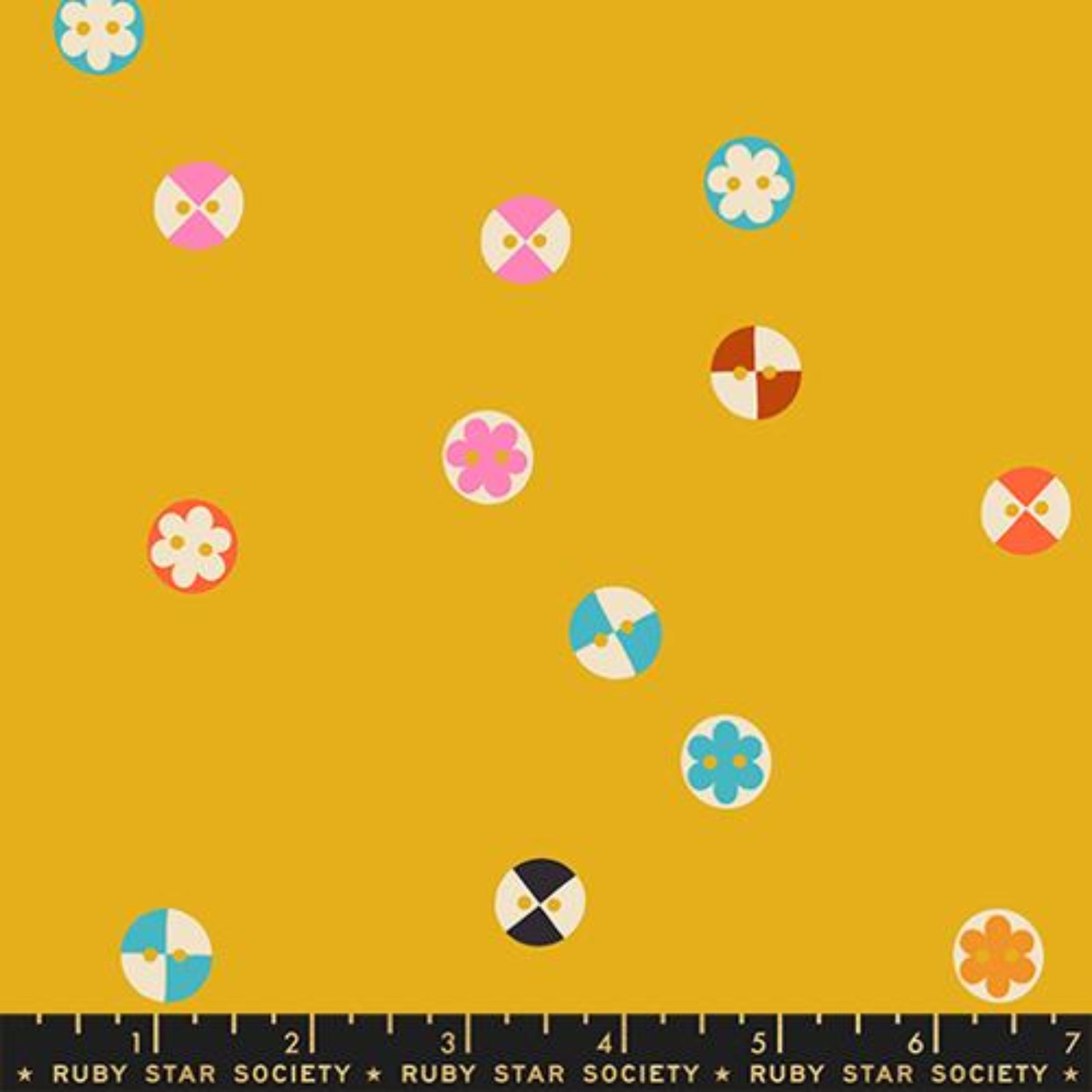 Colorful geometric shapes buttons on a mustard yellow background with a Ruby Star Society label.