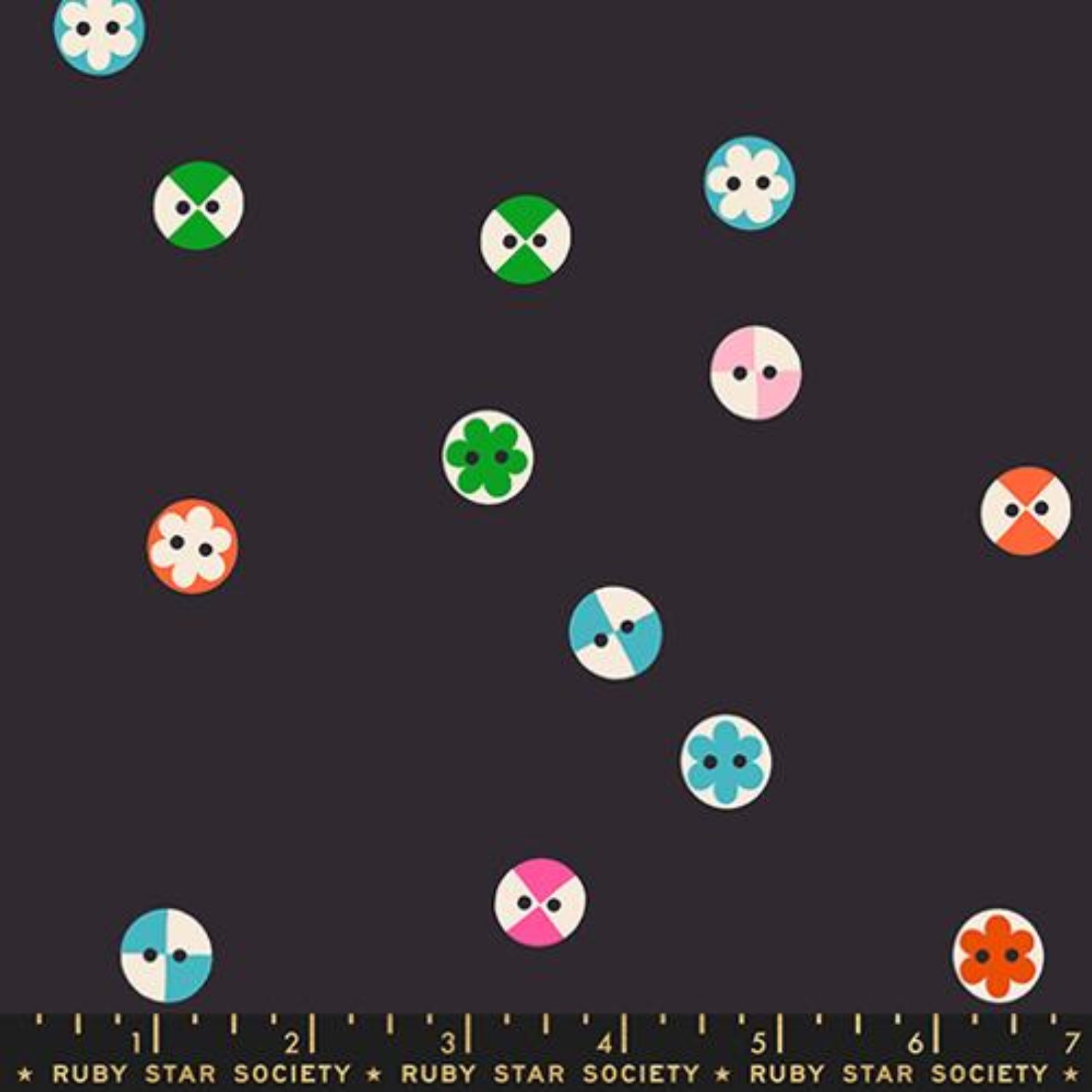 Pattern of colorful geometric shapes on a black background with Ruby Star Society label.