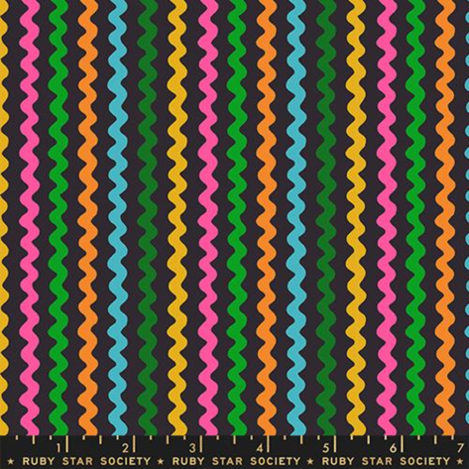 Colorful wavy pattern fabric with a ruler at the bottom, featuring Ruby Star Society branding.