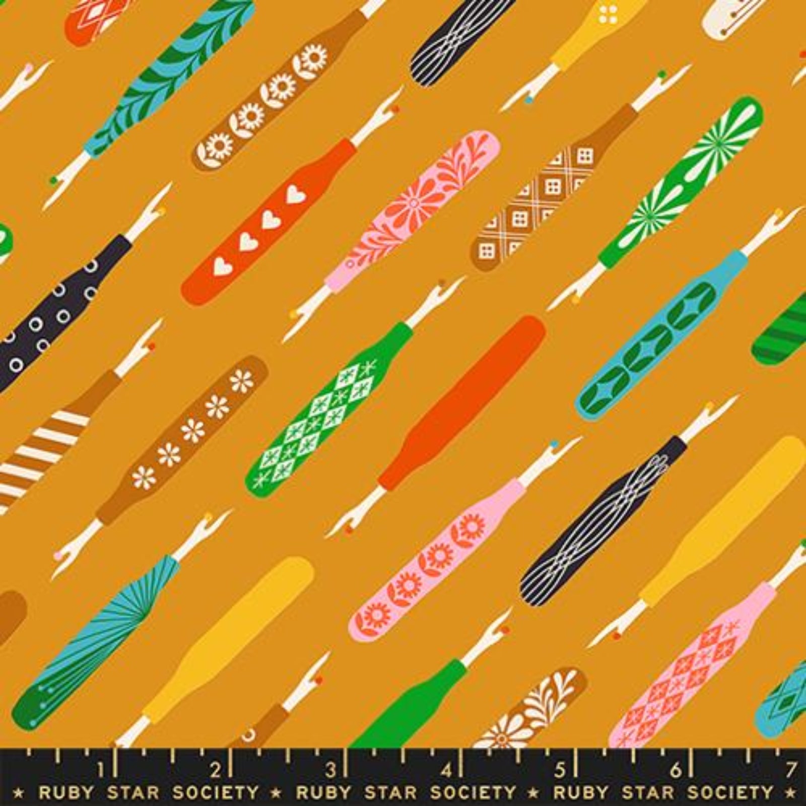 Pattern of colorful seam rippers with various designs on a mustard yellow background, featuring the Ruby Star Society logo.