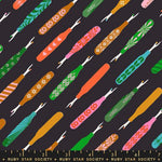Colorful pattern of seam rippers with a ruler at the bottom on a black background, featuring designs by Ruby Star Society.