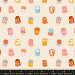 Patterned fabric with colorful thimbles and sewing-related designs on a beige background, featuring Ruby Star Society label.