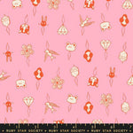 Patterned fabric with small icons on a needle threader on a pink background, featuring a ruler at the bottom.