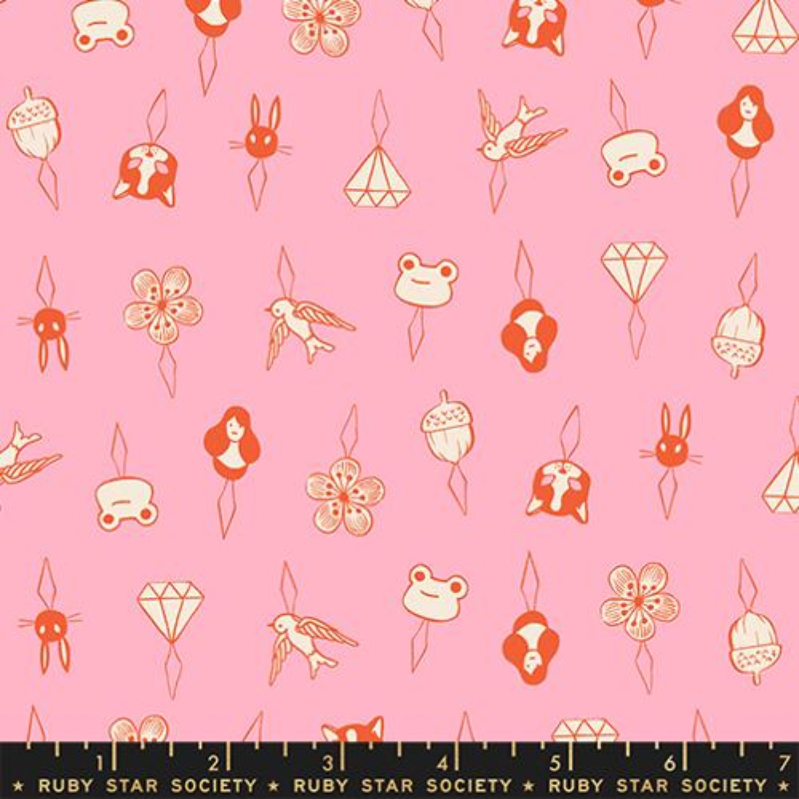 Patterned fabric with small icons on a needle threader on a pink background, featuring a ruler at the bottom.