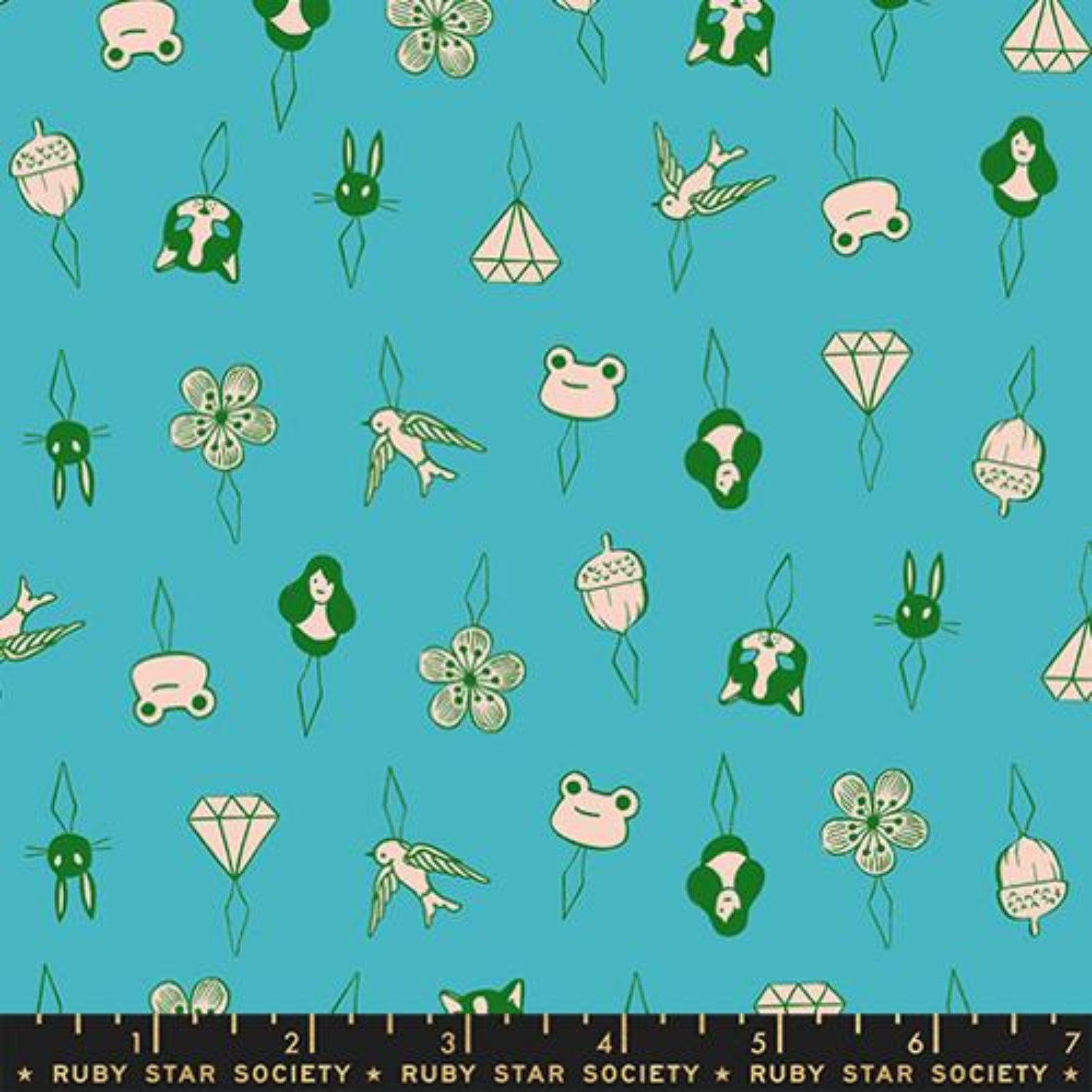 Patterned fabric with cartoon-like illustrations threaders on a blue background, featuring Ruby Star Society branding.