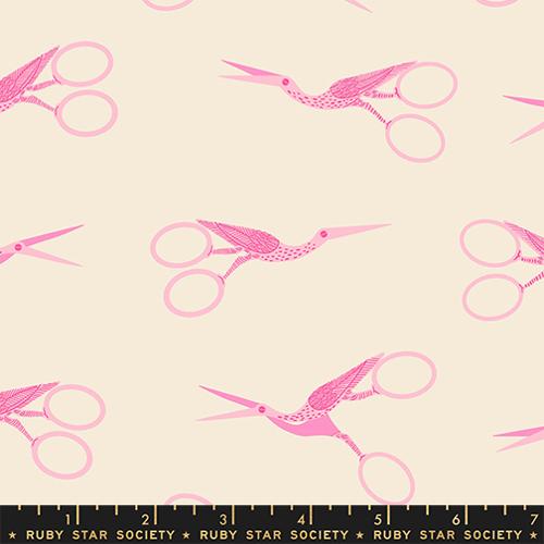 Fabric pattern with pink stork scissors on a beige background, featuring Ruby Star Society label.
