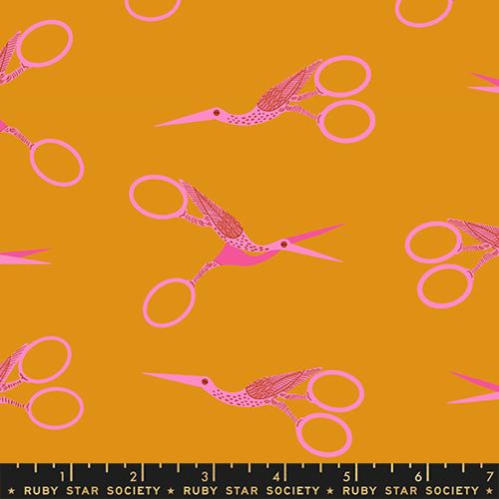 Pattern of pink stork scissors on a mustard yellow background with Ruby Star Society label.