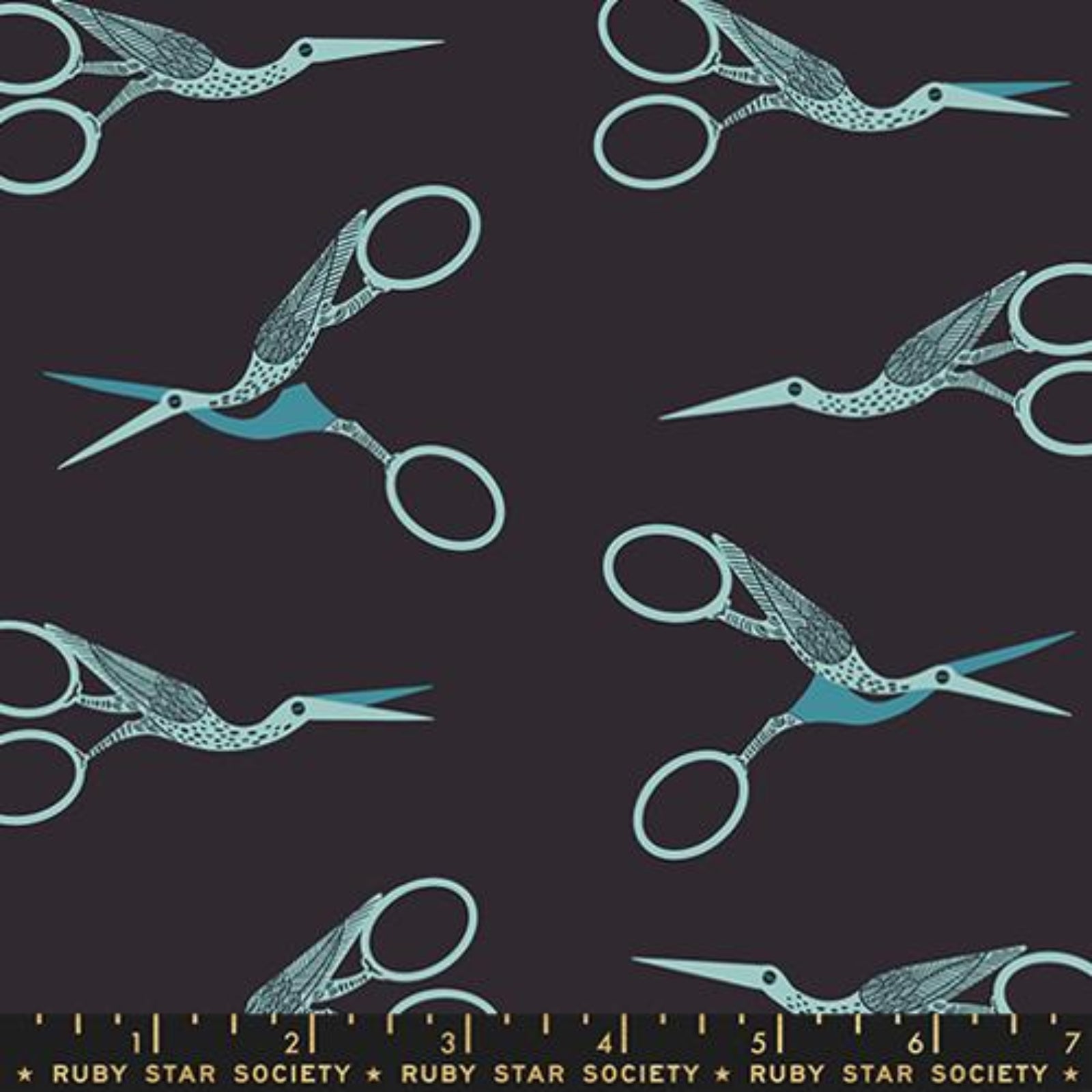 Pattern of stork scissors on a dark background with a ruler at the bottom, featuring 'Ruby Star Society' branding.