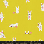 Pattern of cartoon bunny with headphones on a yellow background, featuring Ruby Star Society branding.