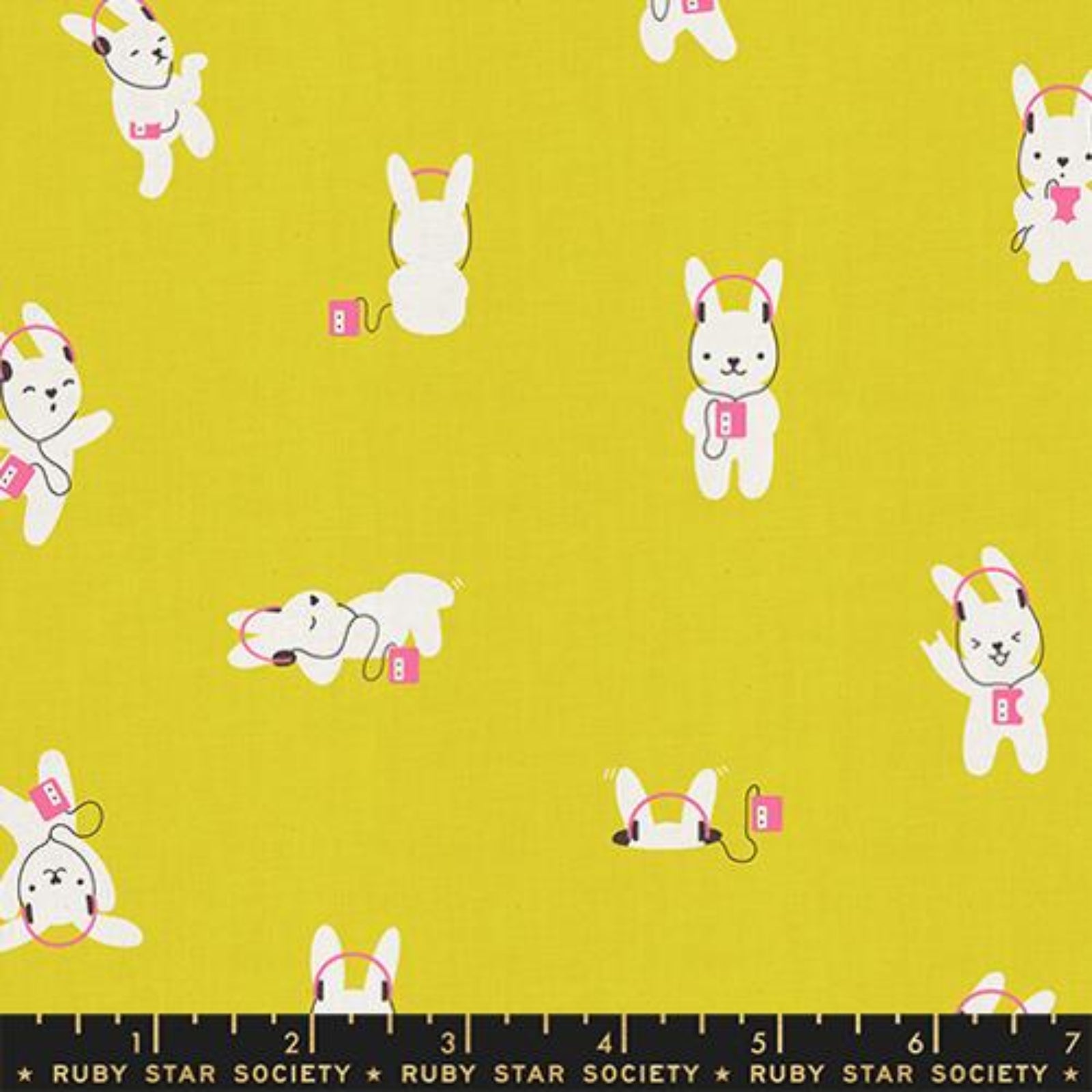Pattern of cartoon bunny with headphones on a yellow background, featuring Ruby Star Society branding.