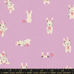 Pattern of cartoon bunny with headphones on a purple background, featuring Ruby Star Society label.