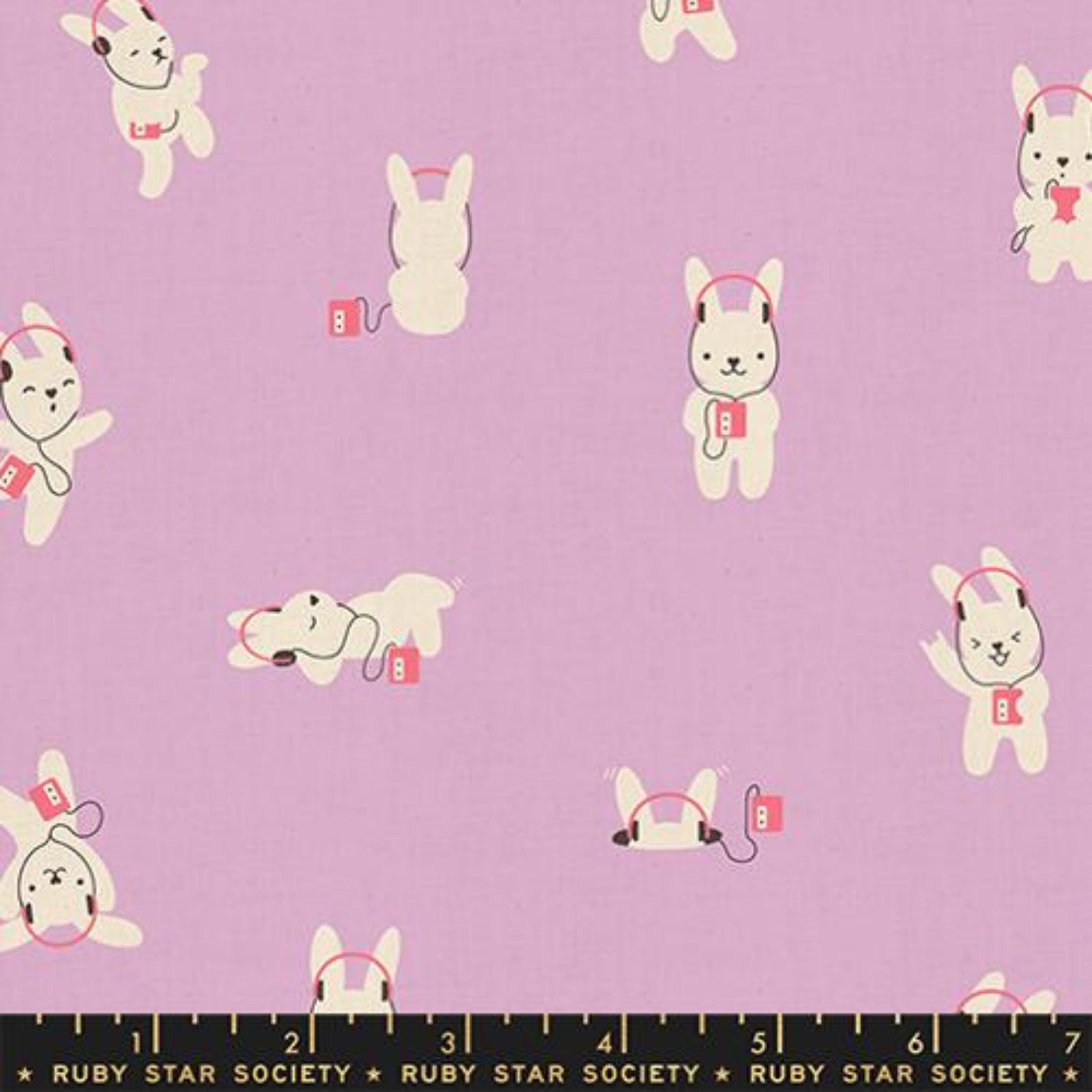 Pattern of cartoon bunny with headphones on a purple background, featuring Ruby Star Society label.