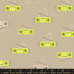 Fabric with retro radio pattern on a beige background, featuring the Ruby Star Society label.