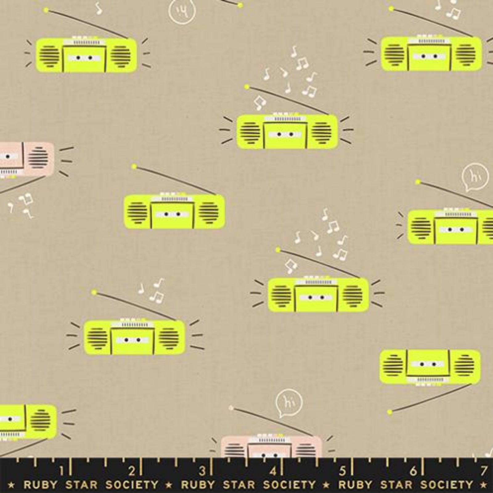 Fabric with retro radio pattern on a beige background, featuring the Ruby Star Society label.