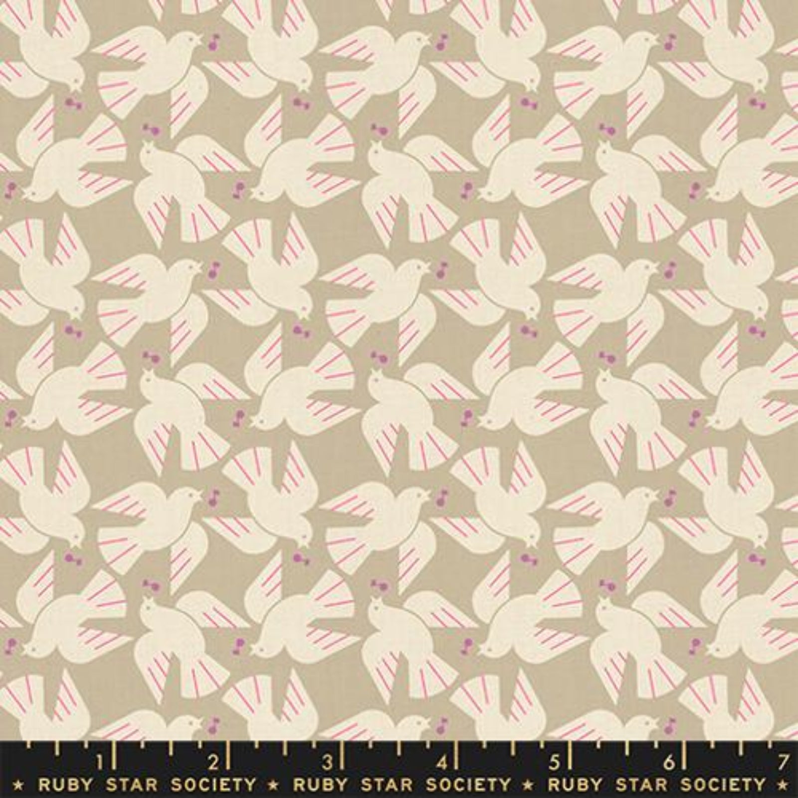Pattern of white doves with pink accents on a beige background, featuring Ruby Star Society label.