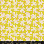 Pattern of white doves with pink wings on a yellow background, featuring a Ruby Star Society label.