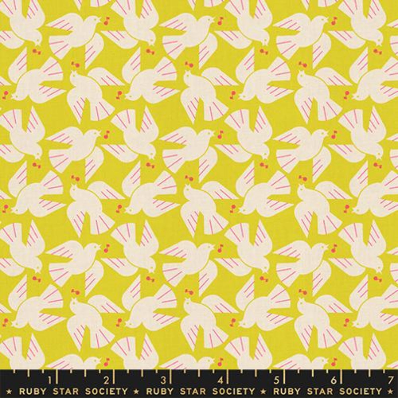 Pattern of white doves with pink wings on a yellow background, featuring a Ruby Star Society label.
