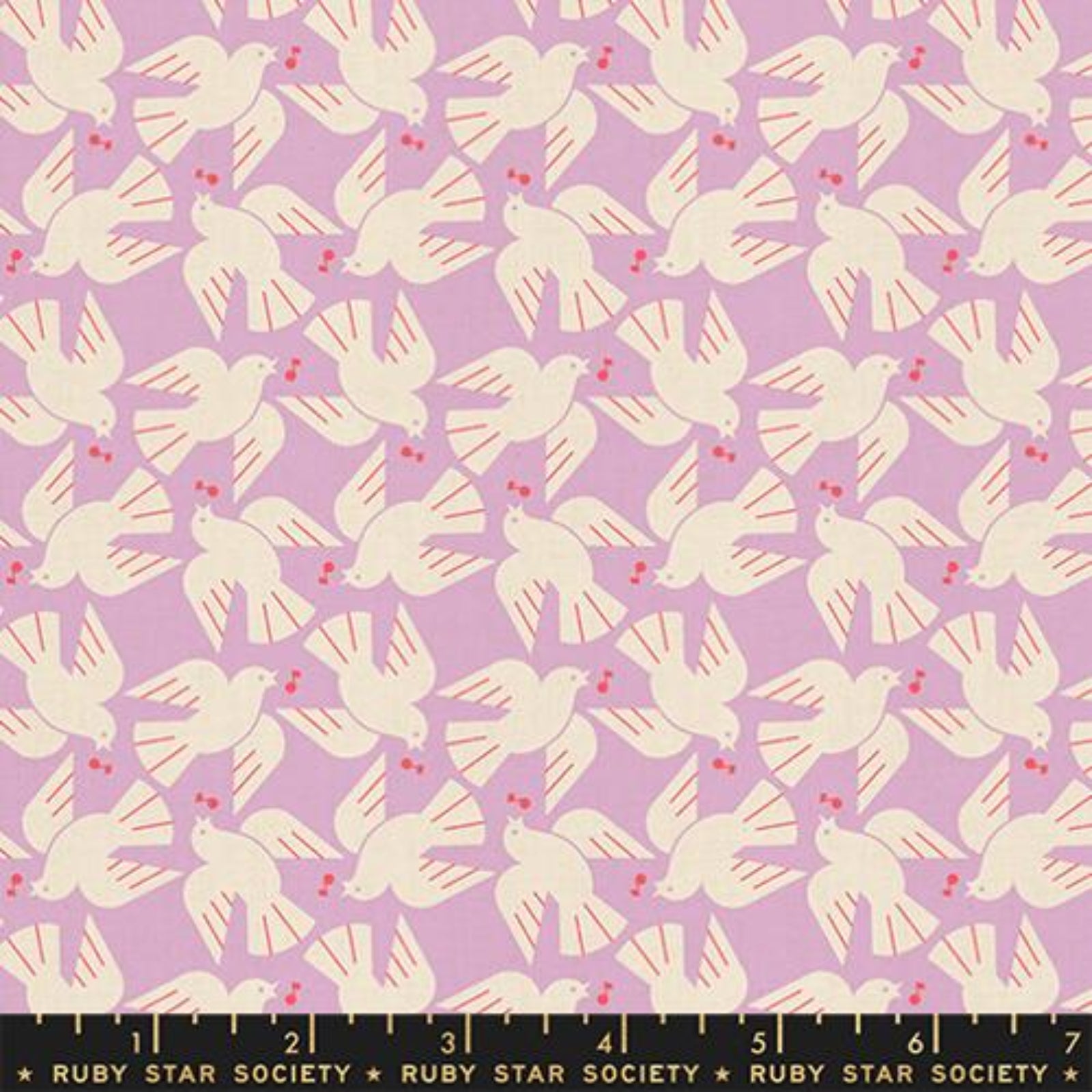 Pattern of white doves with red music notes on a purple background, featuring Ruby Star Society label.