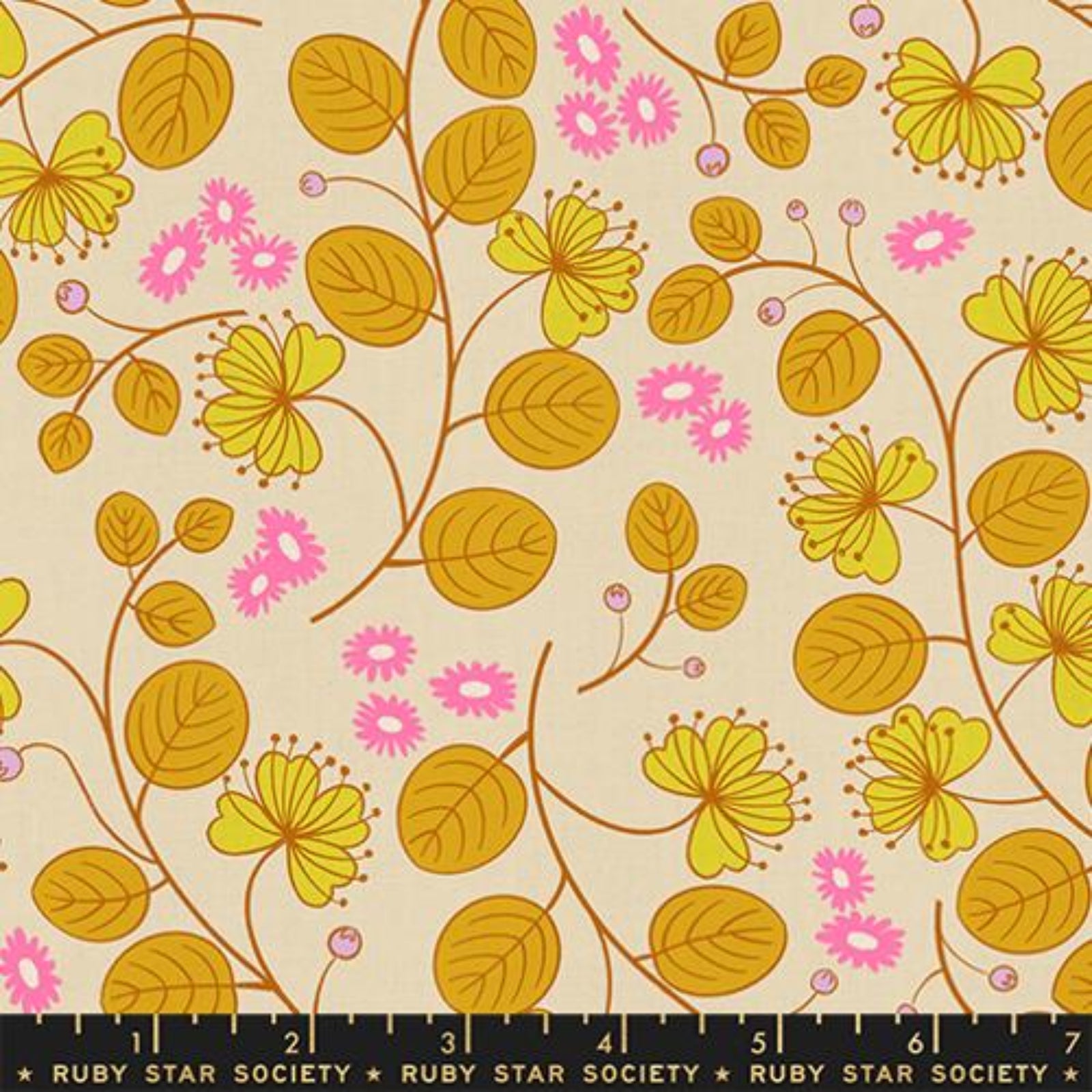Floral and leaf pattern fabric with a ruler at the bottom, featuring Ruby Star Society branding.