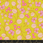 Floral pattern with pink flowers and leaves on a green background, featuring Ruby Star Society label.