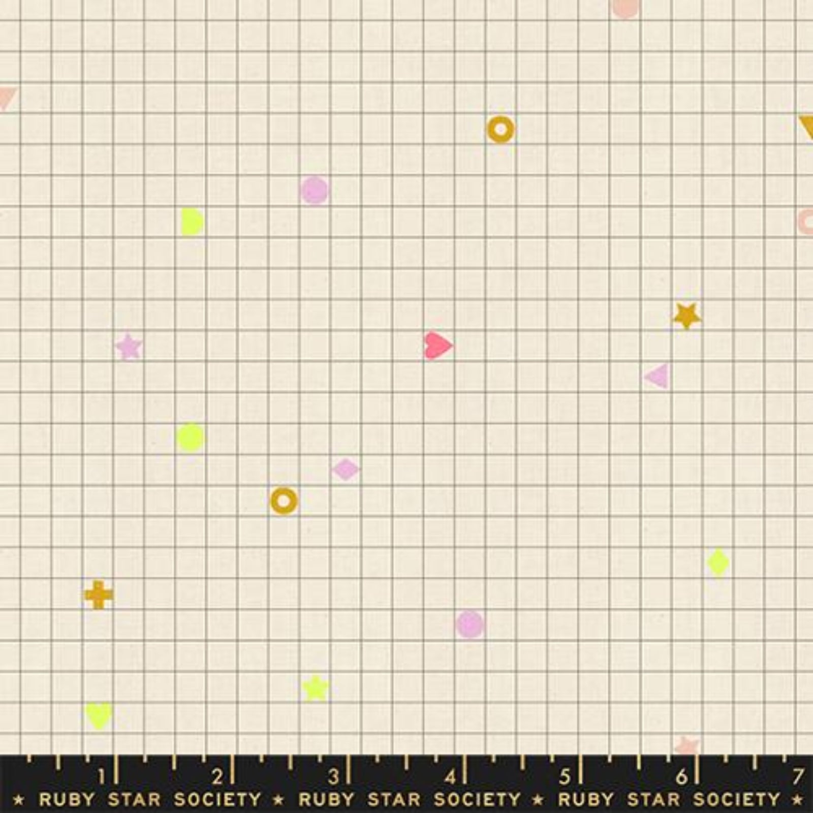 Grid pattern with colorful geometric shapes on a beige background, featuring the Ruby Star Society label.