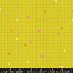 Yellow grid pattern with colorful geometric shapes on a fabric swatch, featuring Ruby Star Society label.