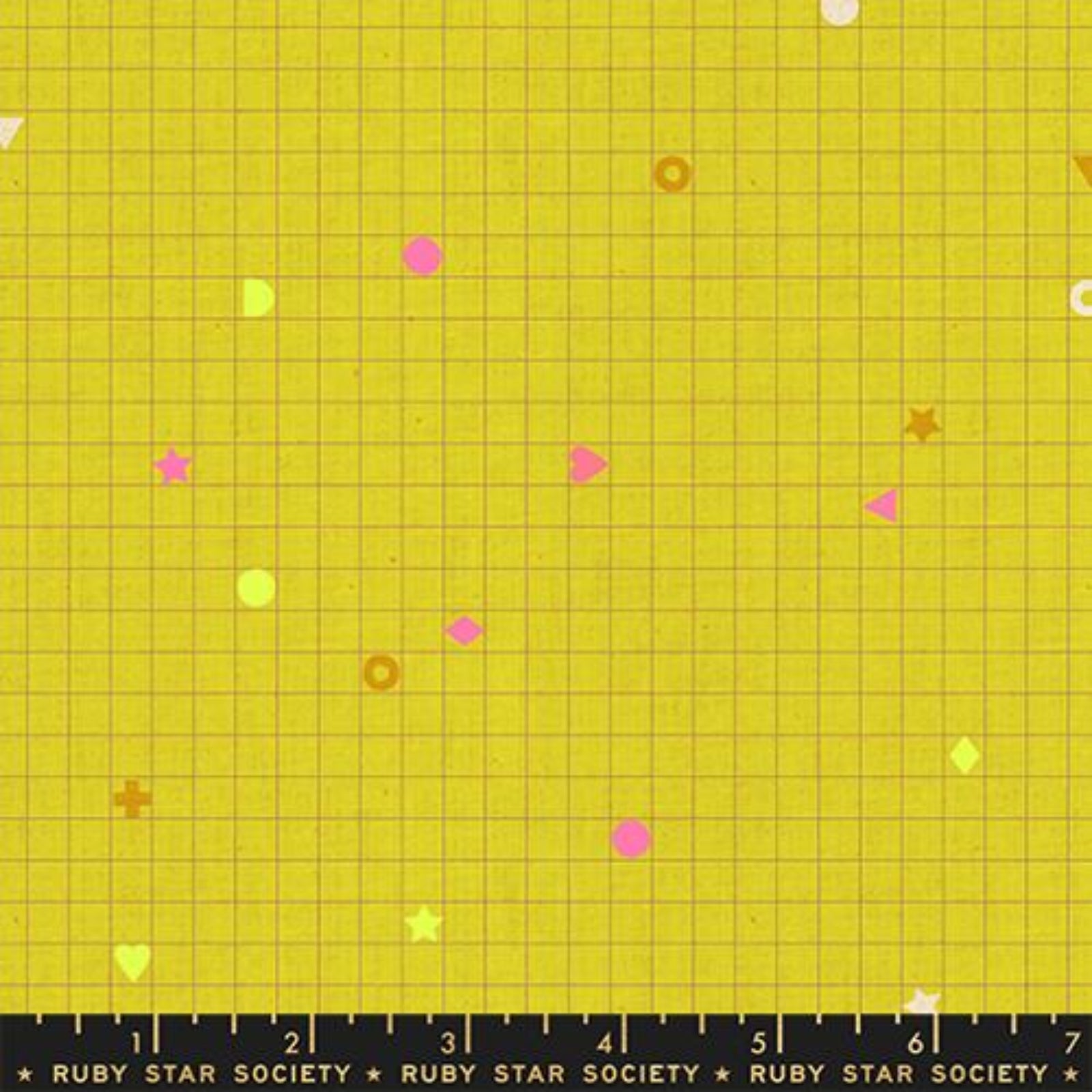Yellow grid pattern with colorful geometric shapes on a fabric swatch, featuring Ruby Star Society label.