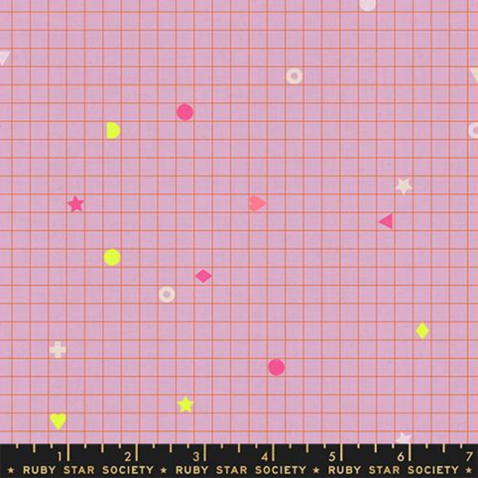 Grid pattern with colorful shapes on a pink background, featuring the Ruby Star Society label.